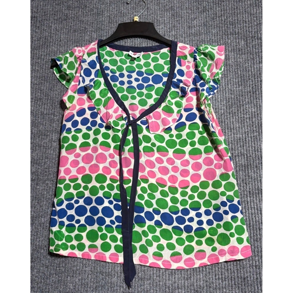 We Love Vera Silk Polka Dot Ruffle Tie Front Blouse Green Pink Blue Womens Sz 6